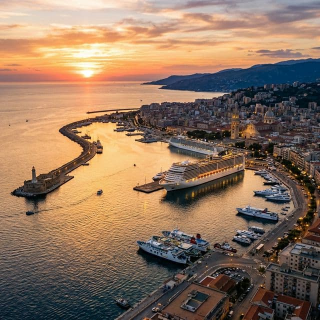 Beautiful sunset view of Messina cruise port and harbor