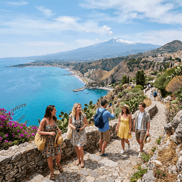 Tourists enjoying a shore excursion in Sicily with Mount Etna