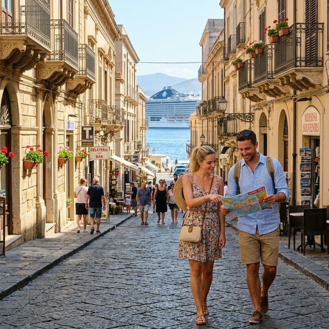 Tourists exploring historic streets in Messina Sicily near the cruise port