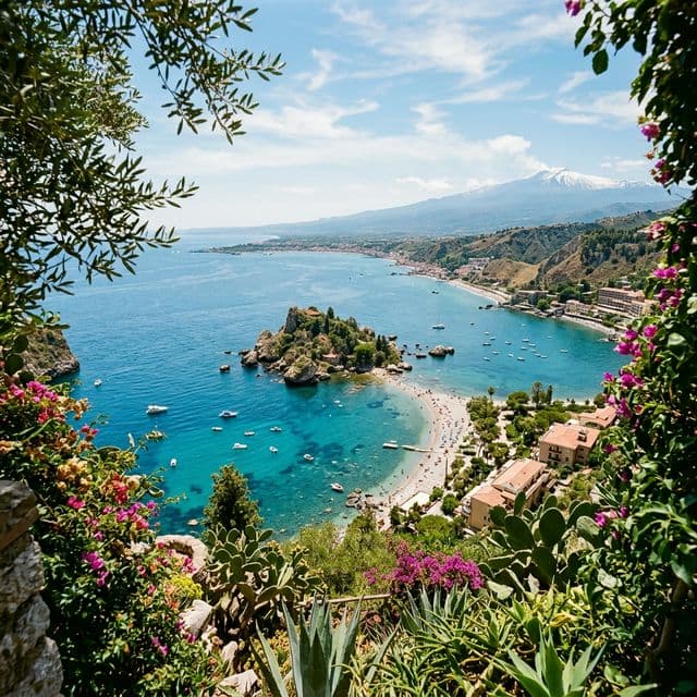 Scenic view from Taormina looking down at Isola Bella and the turquoise sea