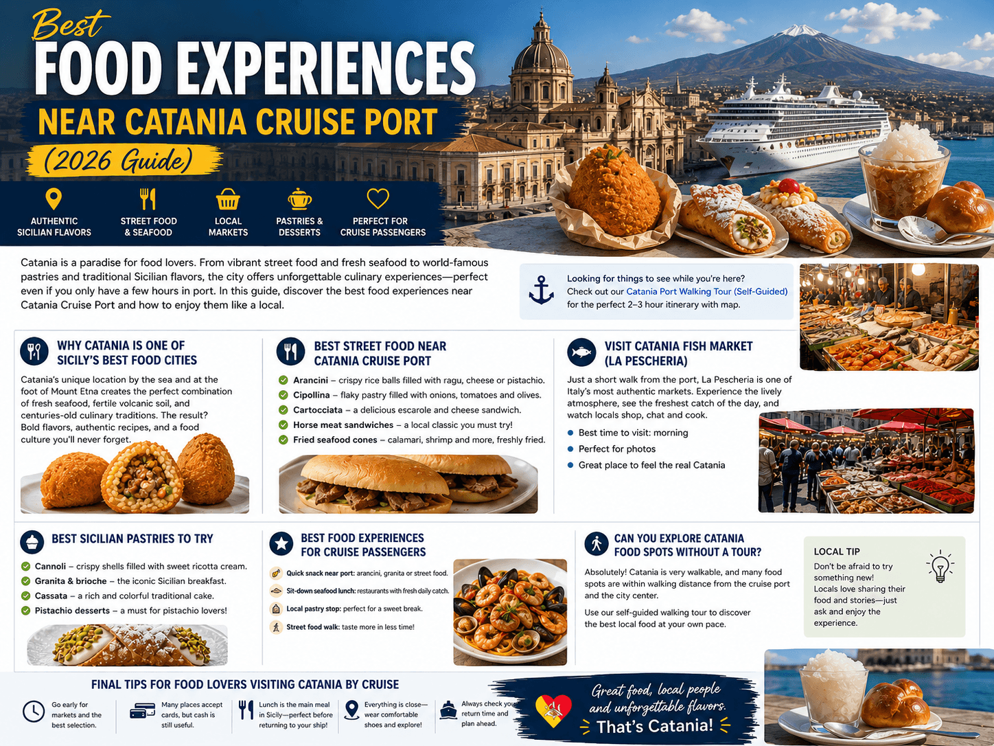 Traditional Sicilian food experiences near Catania Cruise Port featuring arancini, cannoli, granita, seafood markets, and Mount Etna views for cruise passengers visiting Sicily.