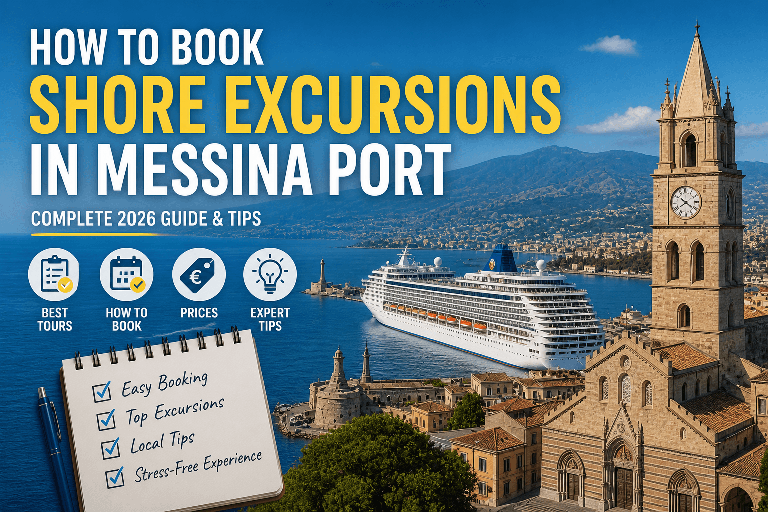 How to book shore excursions in Messina port with cruise ship harbor view Messina Cathedral and Sicily coastline