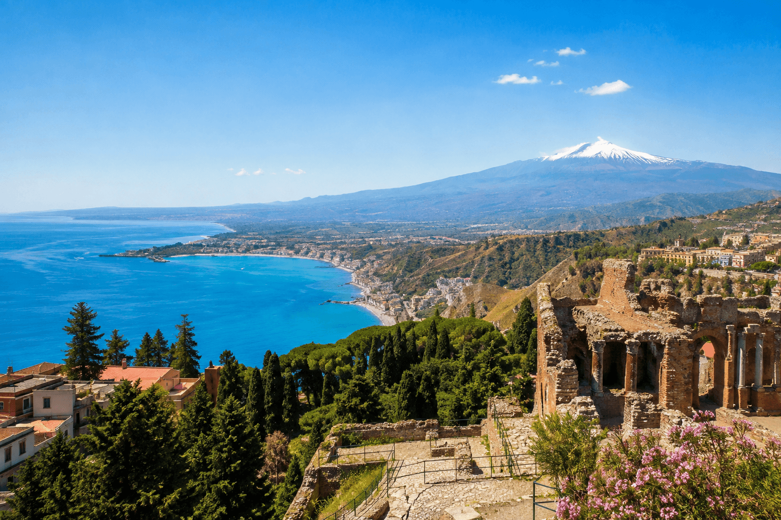 Panoramic view of Taormina, the Sicilian coastline and Mount Etna, highlighting private tours and day trips from Taormina in Sicily.