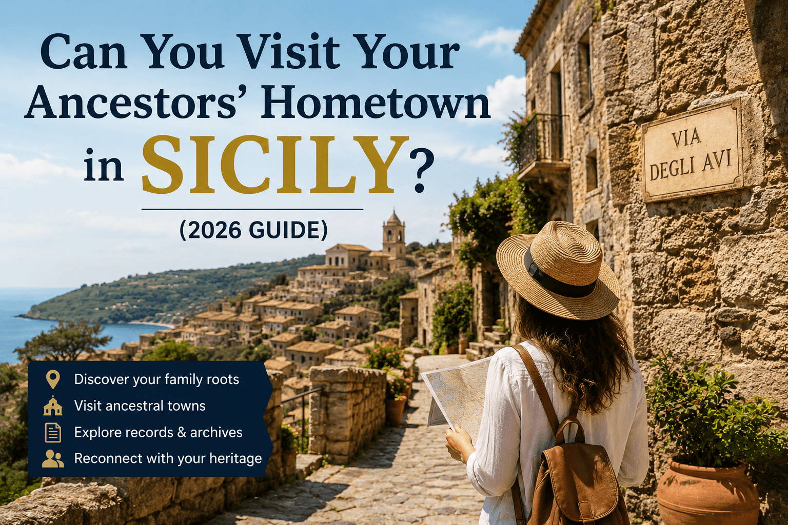 Traveler exploring an ancestral village in Sicily while tracing family roots, with historic stone streets, traditional houses, and panoramic coastal views in the background.