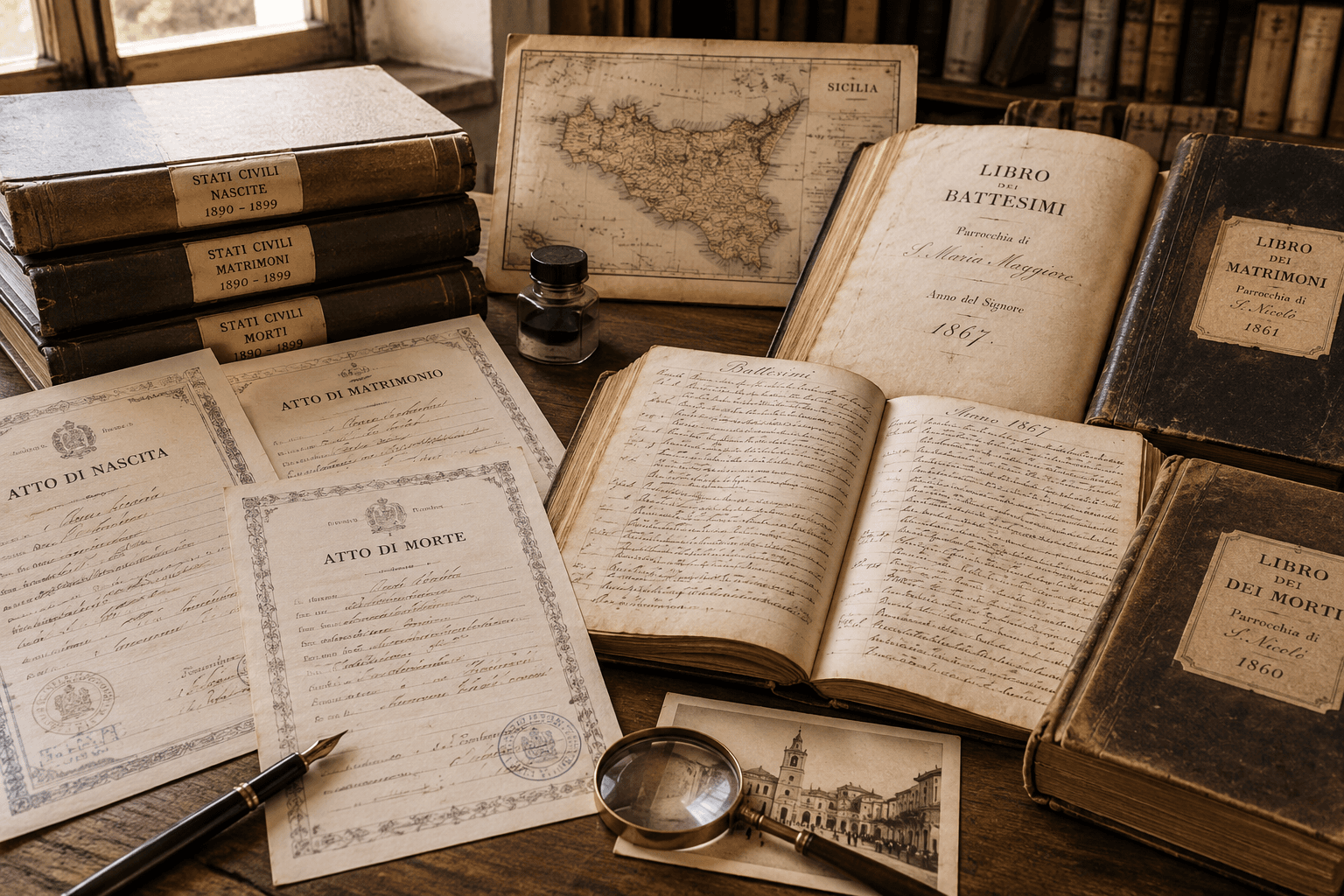 Historic Sicilian civil records and church registers used for genealogy and family history research in Sicily.