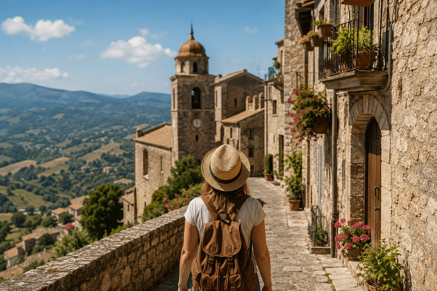 Traveler walking through a historic Sicilian village while visiting their ancestors' hometown during a Sicily genealogy tour.