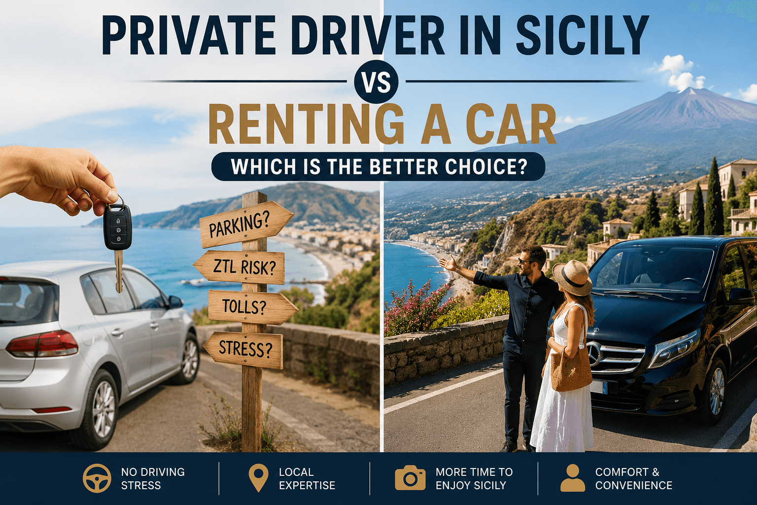 Private driver in Sicily vs renting a car with Mount Etna, luxury Mercedes van, and scenic coastal road overlooking Taormina.