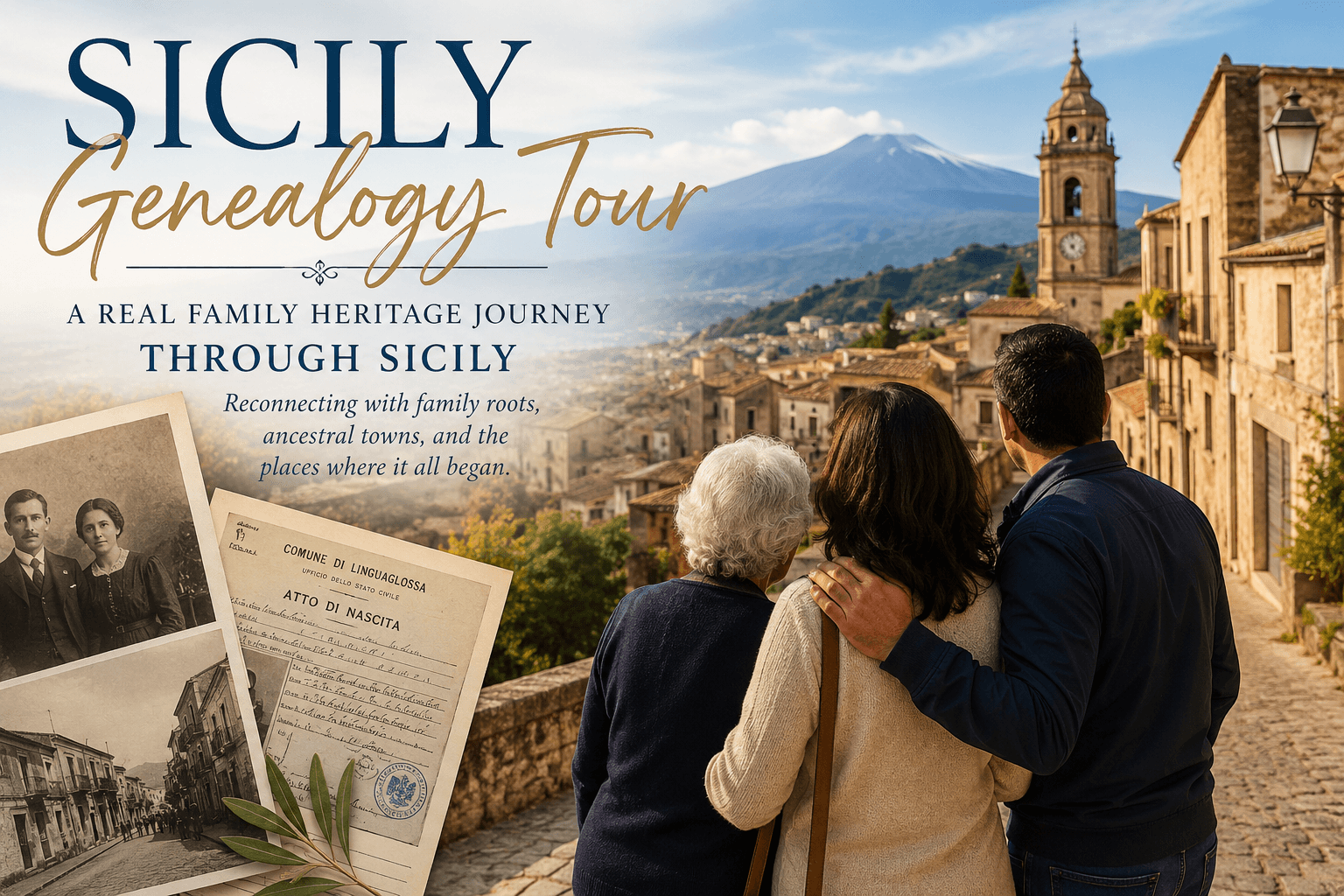 Family heritage journey through Sicily with a couple and elderly woman overlooking a historic Sicilian village near Mount Etna, surrounded by ancestral documents and vintage family photos during a genealogy tour.