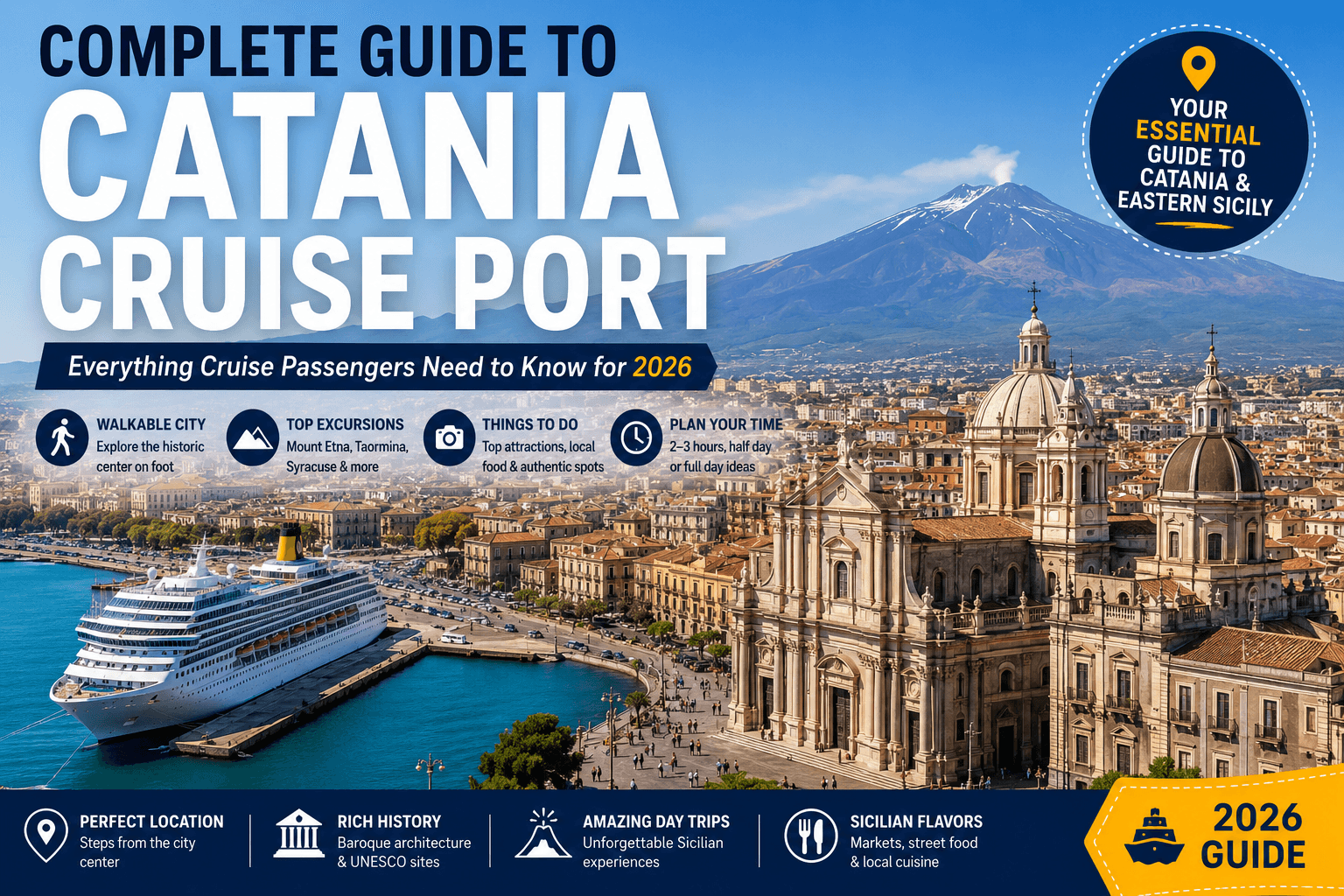 Catania Cruise Port travel guide cover featuring Mount Etna shore excursions walking areas and Sicily attractions
