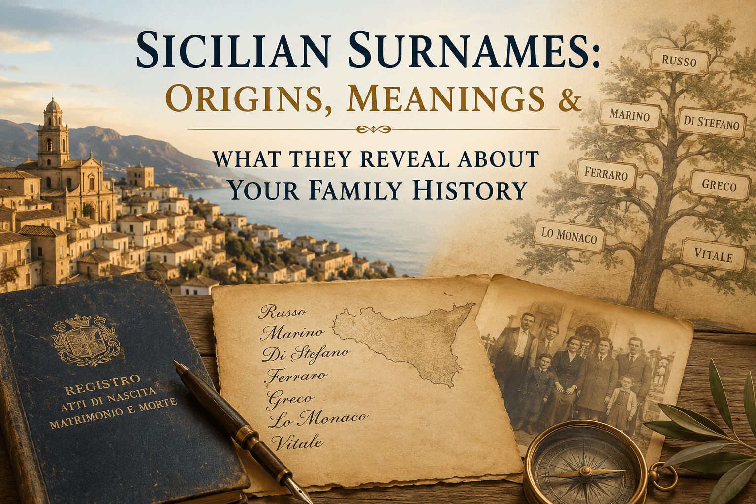 Vintage genealogy-themed illustration featuring a Sicilian coastal village, historical family records, a family tree displaying common Sicilian surnames, old photographs, and a map of Sicily, symbolizing the origins and history of Sicilian family names and ancestry research.