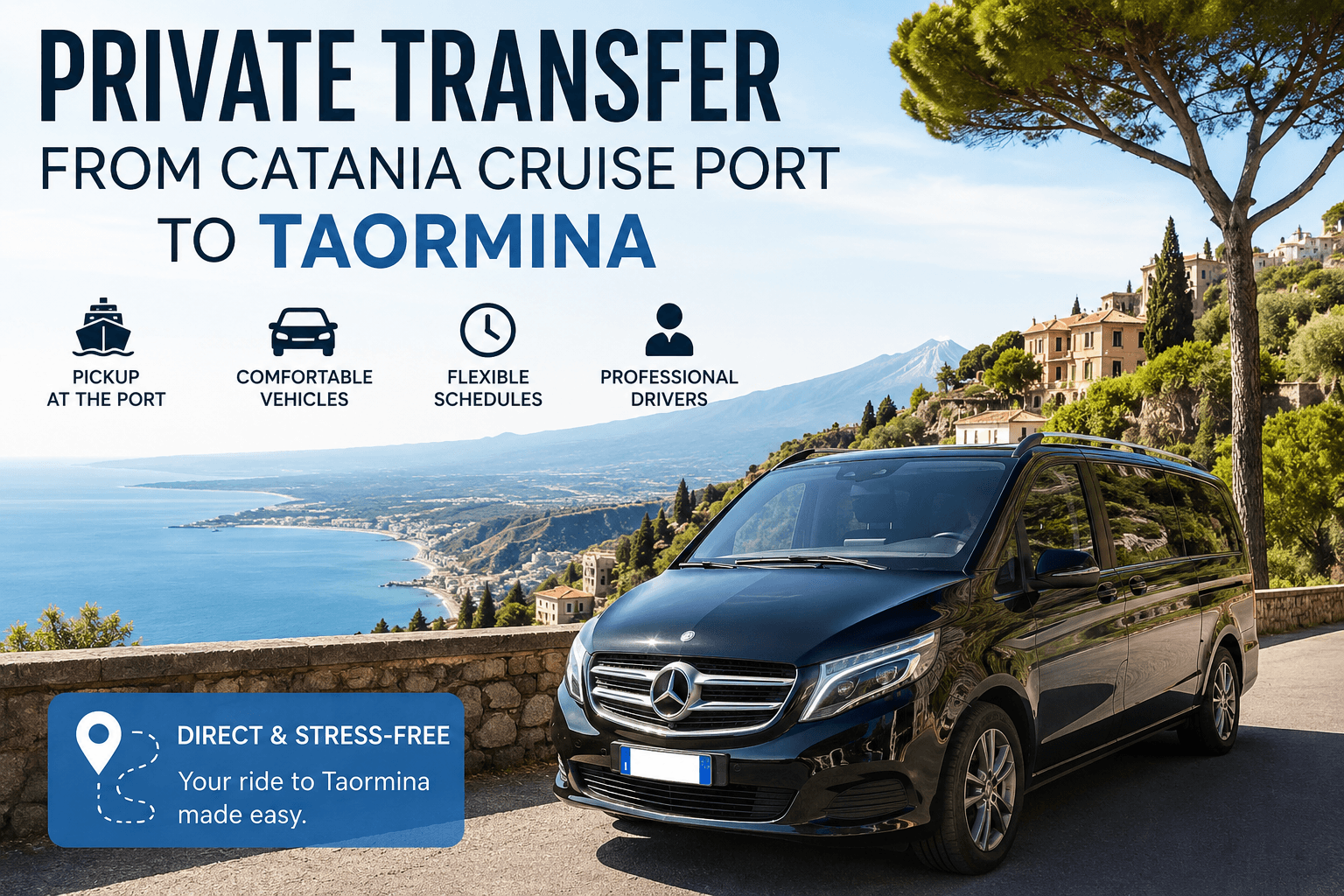 Private transfer from Catania Cruise Port to Taormina with cruise passengers, luxury vehicle, Mount Etna, and the Sicilian coastline in the background.