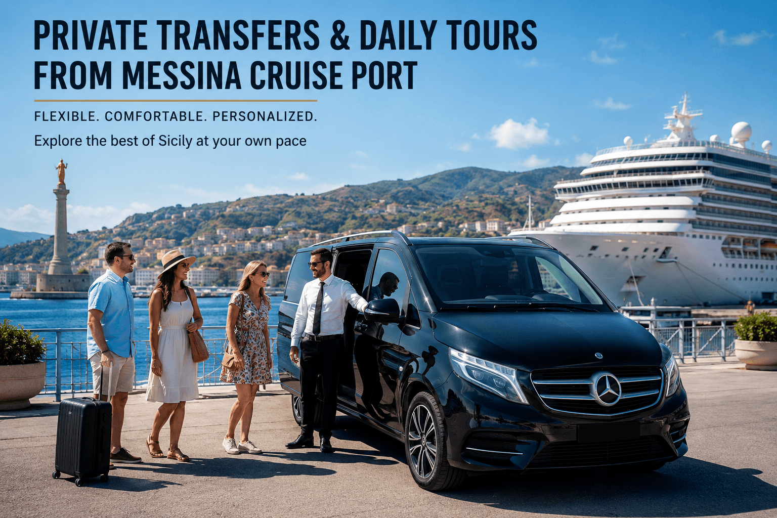 Private transfer service from Messina Cruise Port with luxury vehicle and cruise passengers ready to explore Sicily on a flexible private day tour.