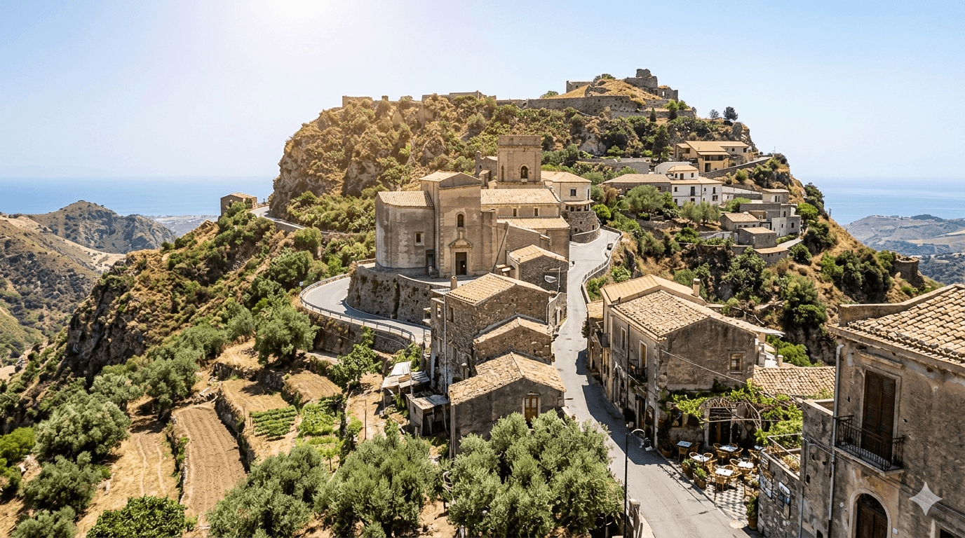 Savoca Sicily panoramic view, famous Godfather filming location near Taormina