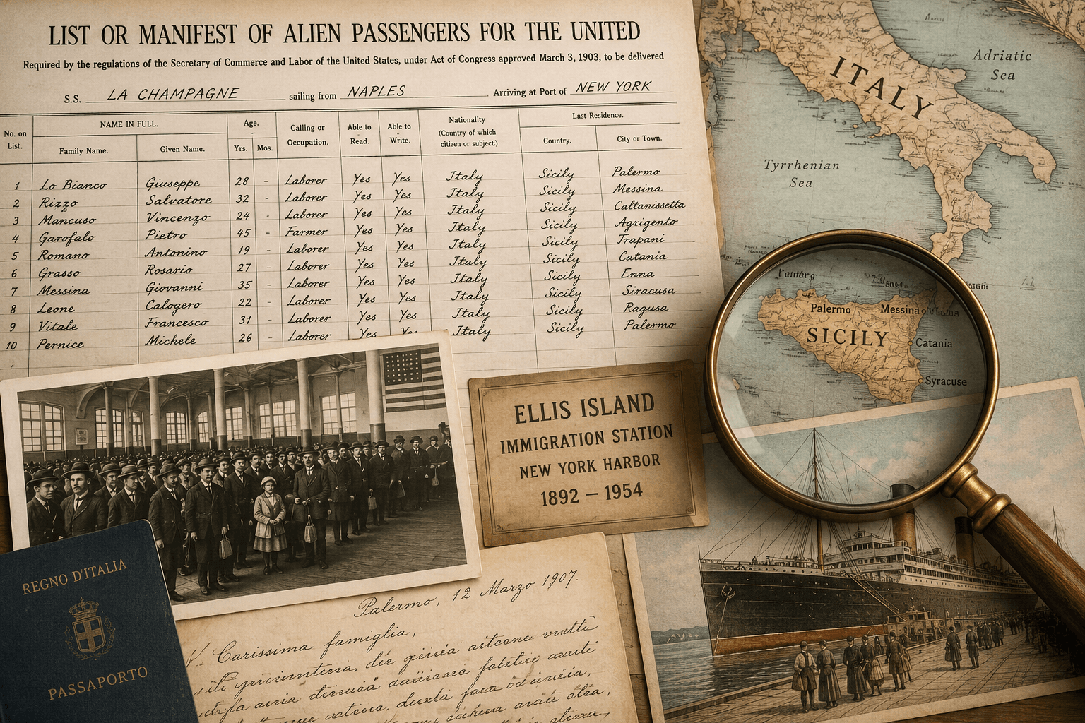 Passenger manifest and Ellis Island immigration records helping descendants trace Sicilian immigrant ancestors and discover their family origins in Sicily.