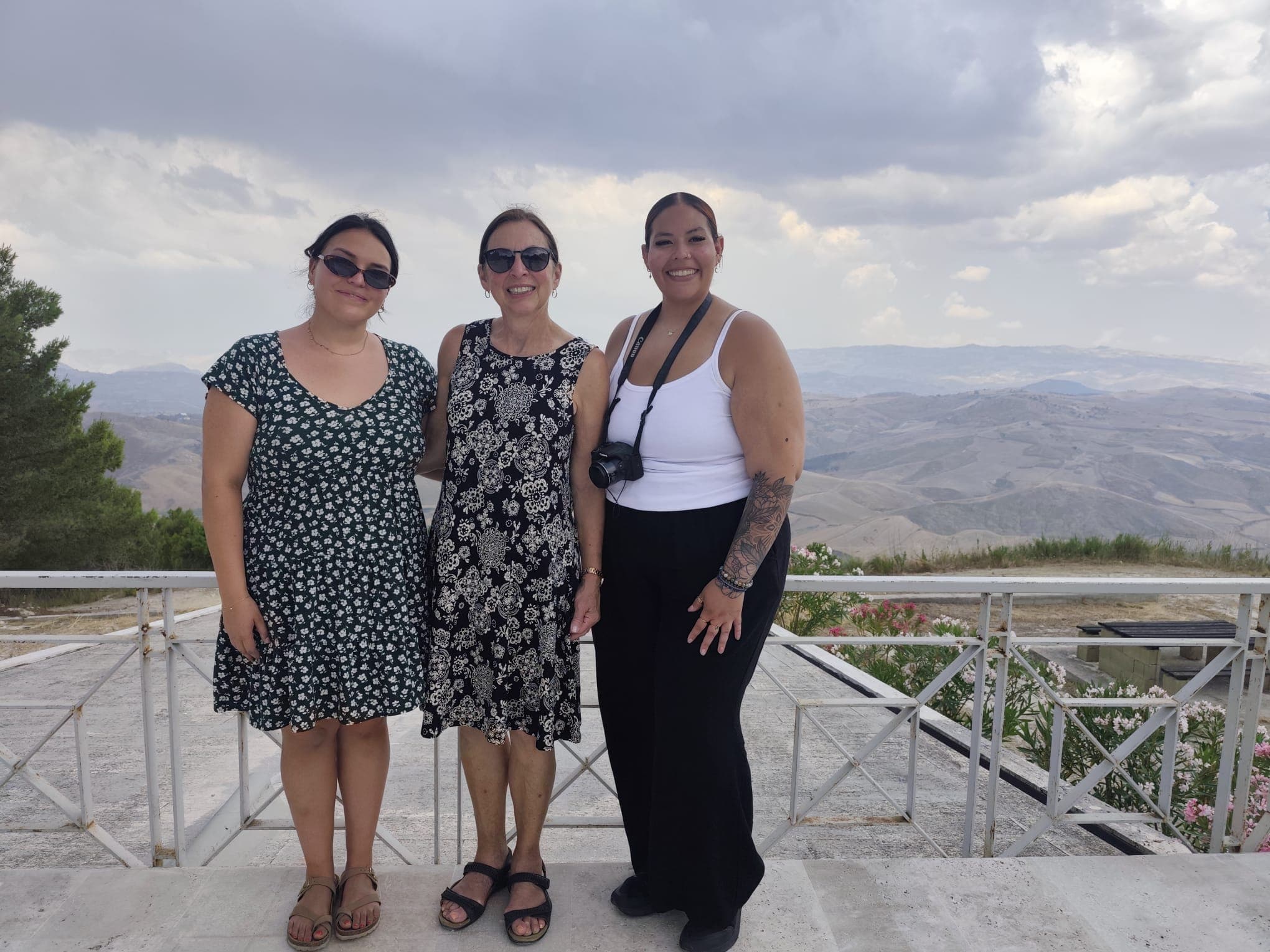 Susan and her daughters Stephanie and Victoria during their Sicily genealogy tour in Montedoro, reconnecting with their family's ancestral homeland.