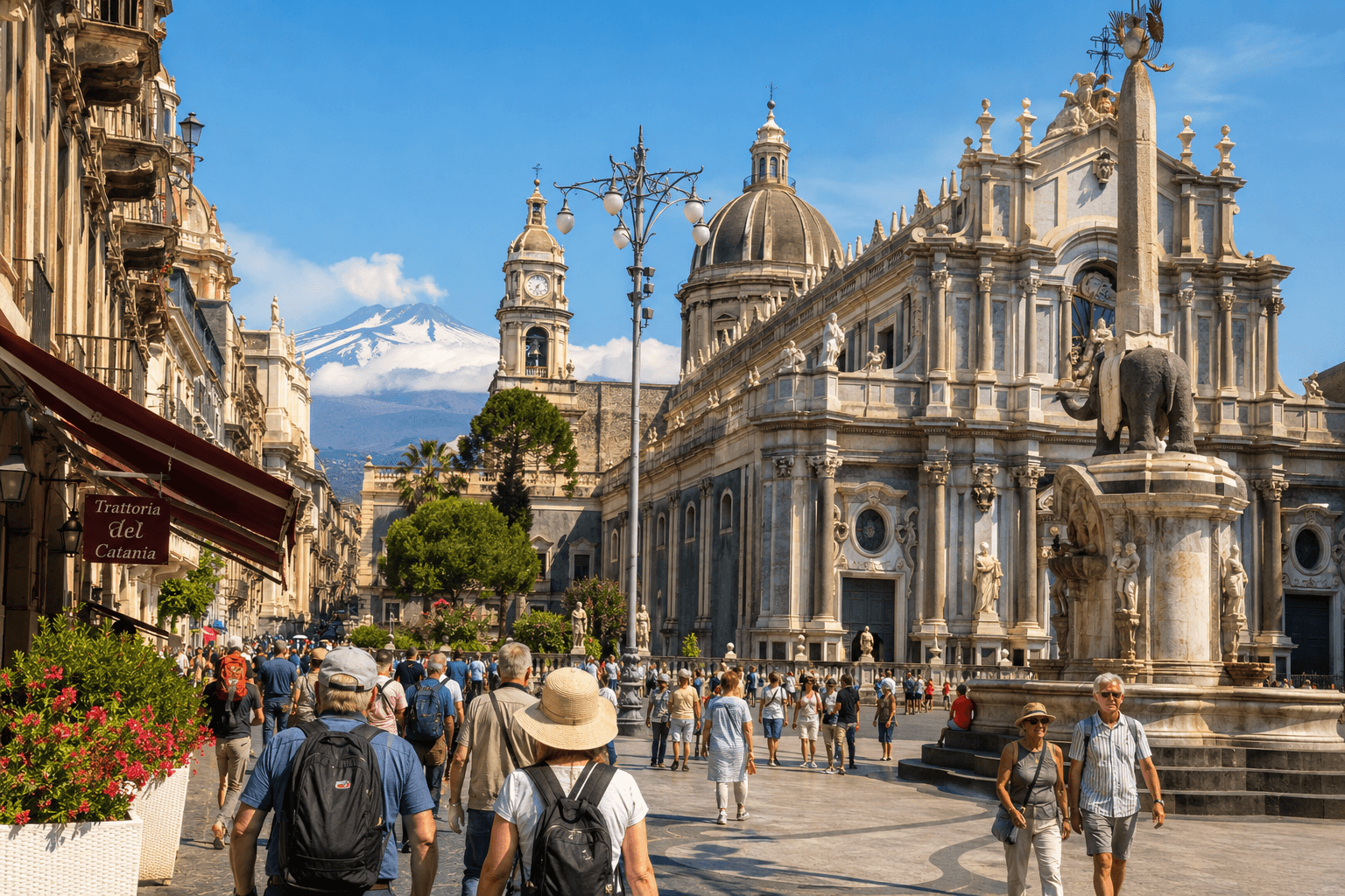 Cruise passengers walking through Piazza Duomo during a self-guided tour from Catania Cruise Port.