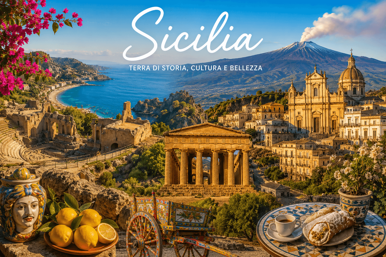 **Alt text (SEO):** **Panoramic view of Sicily featuring Mount Etna, Taormina coastline, the Valley of the Temples in Agrigento, Sicilian Baroque architecture, traditional ceramics, lemons, a Sicilian cart, and cannoli, showcasing the island's history, culture, and natural beauty.**