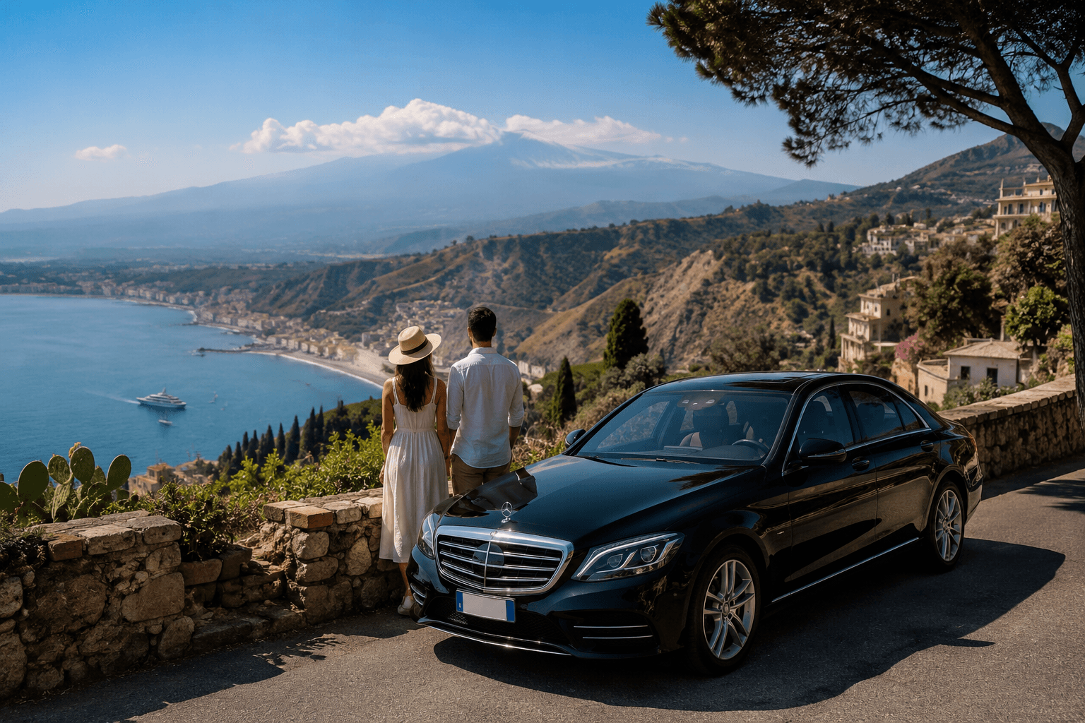 Couple enjoying a private tour in Sicily with a luxury car overlooking Taormina and Mount Etna.