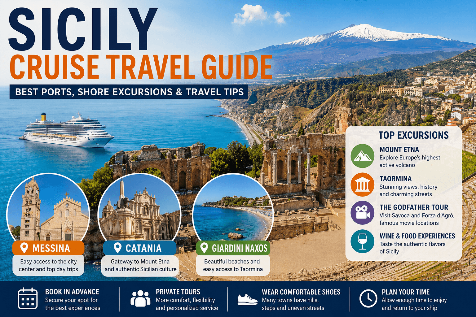 Sicily cruise travel guide featuring Messina, Catania, Giardini Naxos, Mount Etna, Taormina, and top shore excursions for cruise passengers.