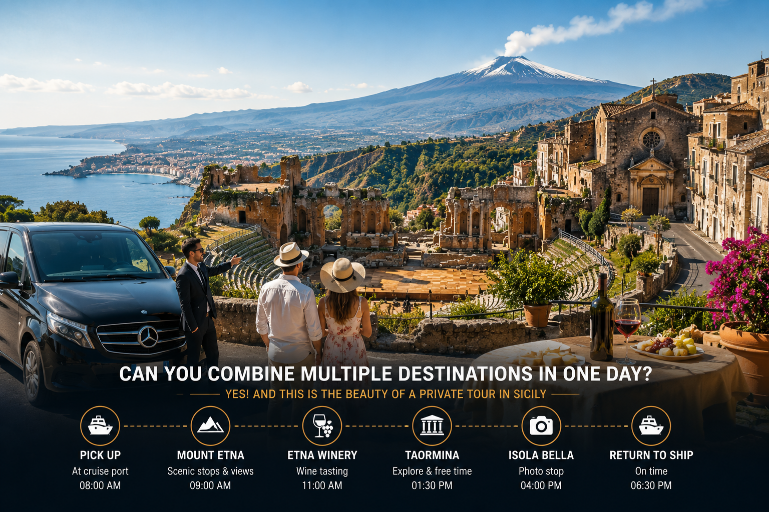 Private Sicily day tour combining Mount Etna Taormina scenic viewpoints and authentic villages from cruise ports